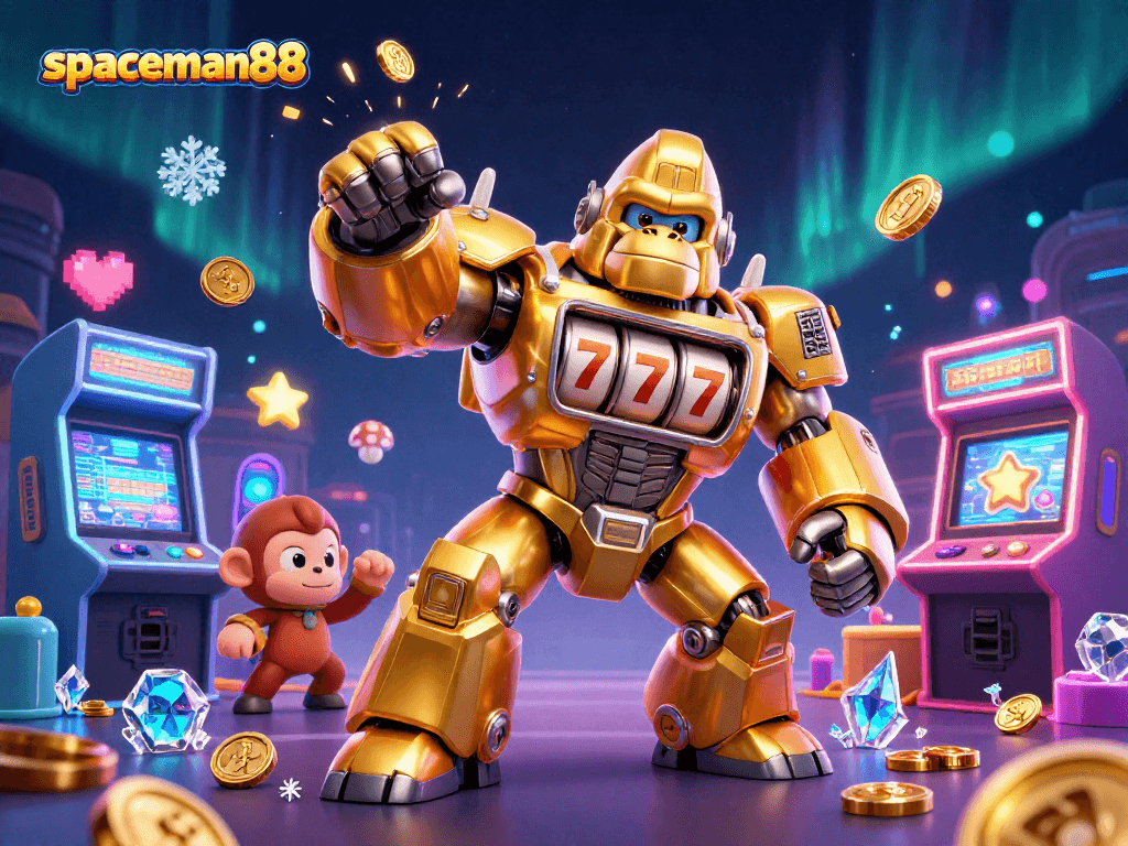 Experience the thrills of spaceman88 with a dynamic 3D illustration of a golden gorilla mech and arcade elements.