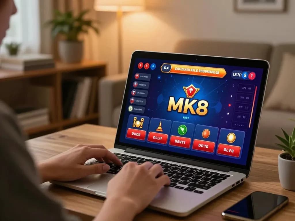 Engaged in MK8 online betting, a person places a strategic wager on their laptop.