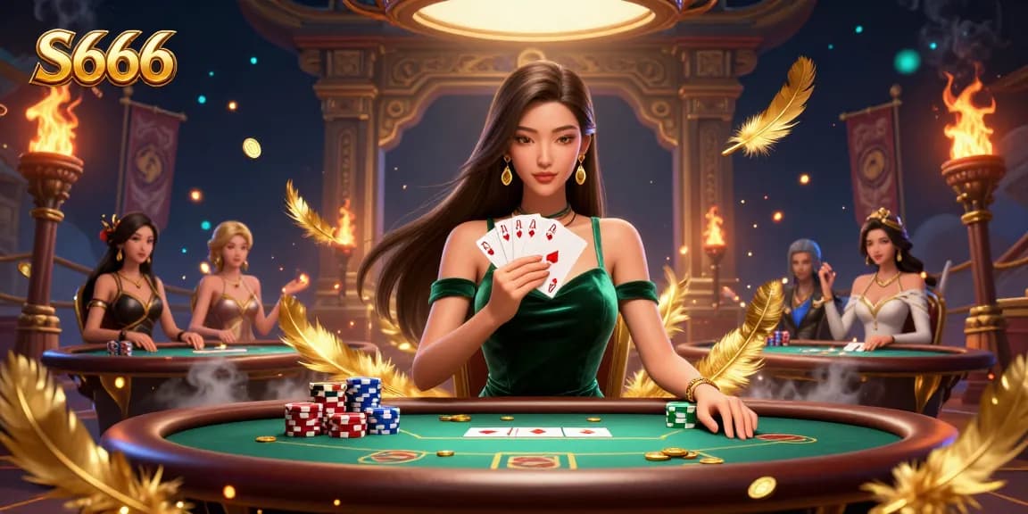 S666 poker scene featuring an Asian woman holding cards at a luxury table with vibrant casino elements.