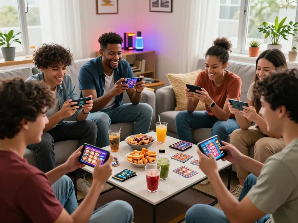 Exciting social gaming scene at https://hitclub9.us.com/ with friends playing mobile games in a cozy living room setting.