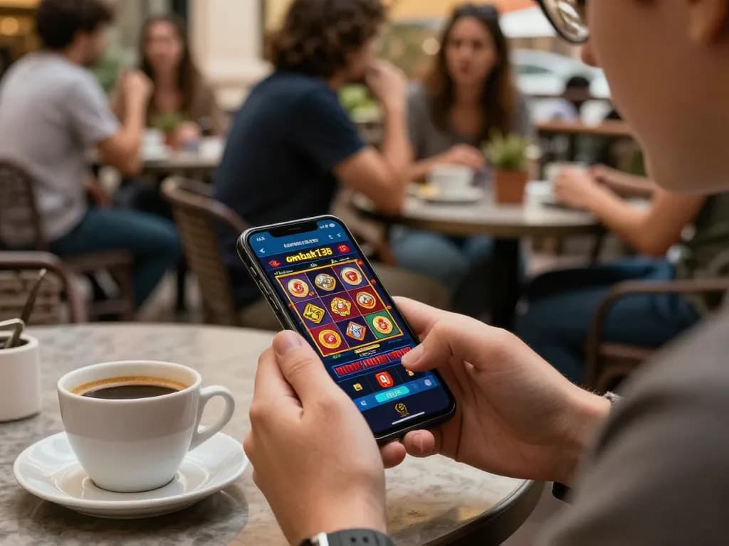 Pemain terlibat yang menikmati aplikasi kasino mobile ombak138 dan permainan slot di suasana kafe yang hidup.