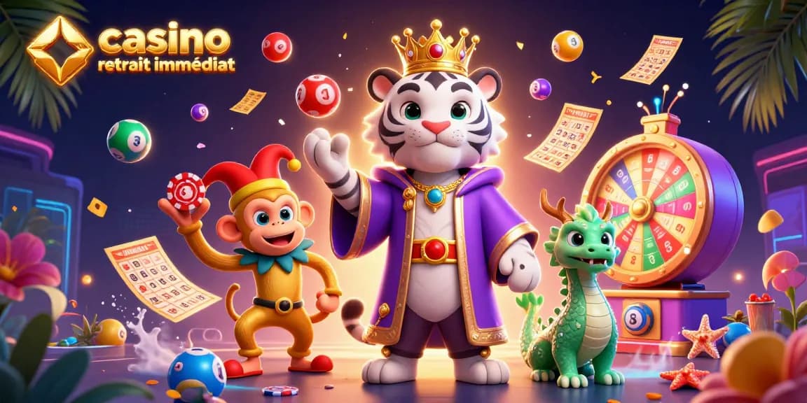 Interagissez avec le casino en ligne retrait immédiat grâce à une illustration de casino 3D dynamique avec des personnages et des éléments vivants.