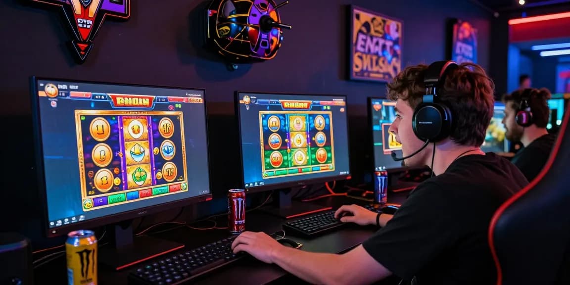 Player enjoying bonus buy slots on a gaming website, surrounded by engaging slot visuals and gaming accessories.