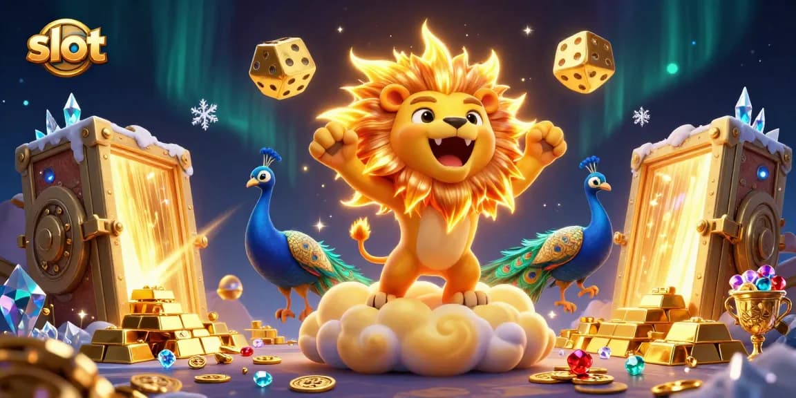 Menangkan slot dengan melihat singa matahari 3D yang mengaum dan simbol keberuntungan di sekitar.