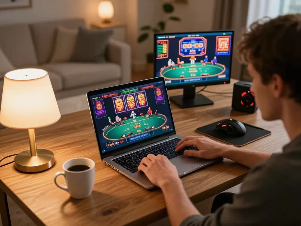 Player engaging in Betbdt login on a laptop at home, showcasing a vibrant online gaming environment.