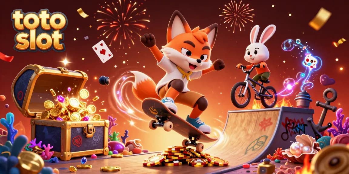 Gambar kartun Toto slot menampilkan seekor rubah di jalur chip poker emas, bersama kelinci BMX, secara dinamis terlibat dengan elemen bertema kasino.