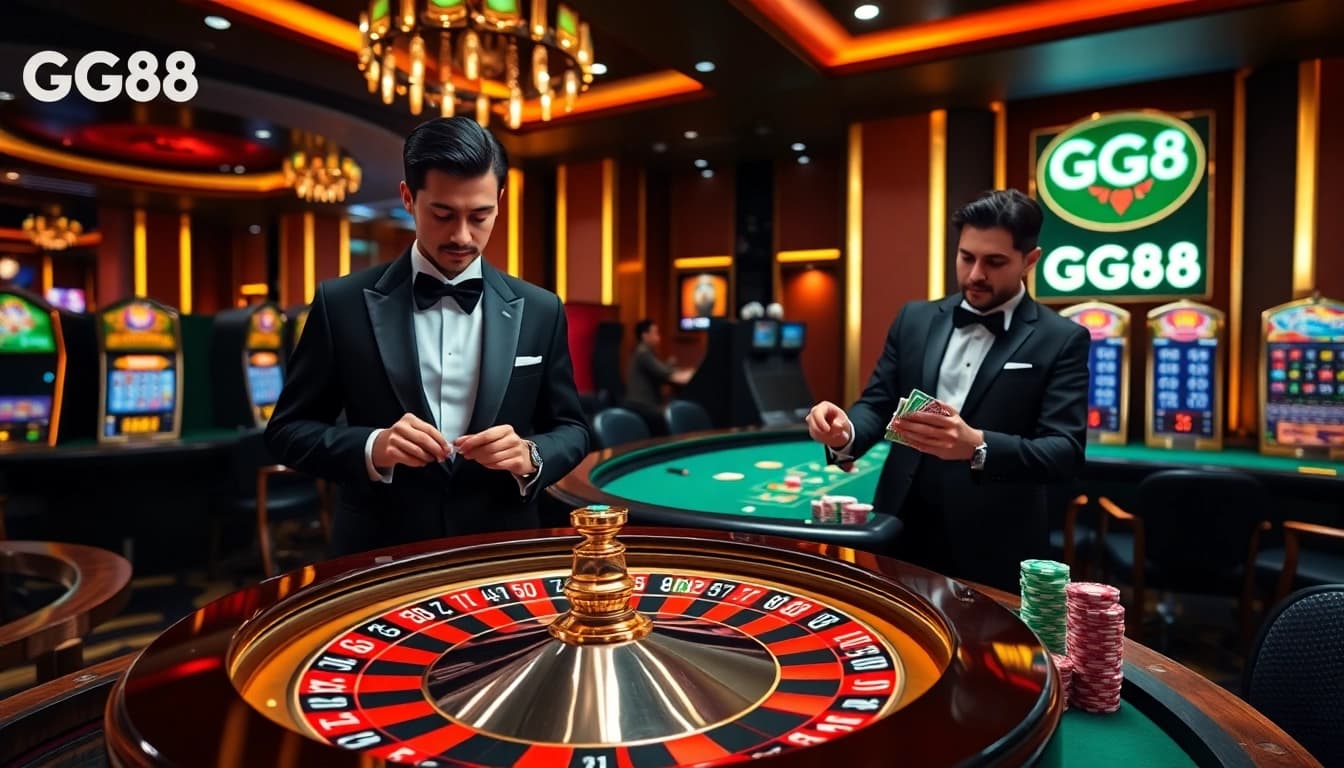 Experience GG88's exciting casino atmosphere with roulette, poker, and vibrant slots.