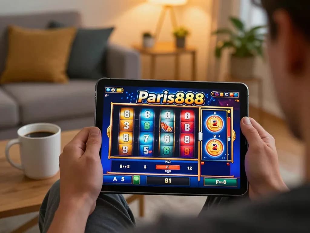 Play slots on Paris888 during cozy home gaming session with tablet and warm lighting