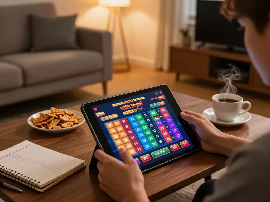 Sesi permainan situs togel di ruang tamu yang nyaman dengan tablet dan catatan strategi terlihat