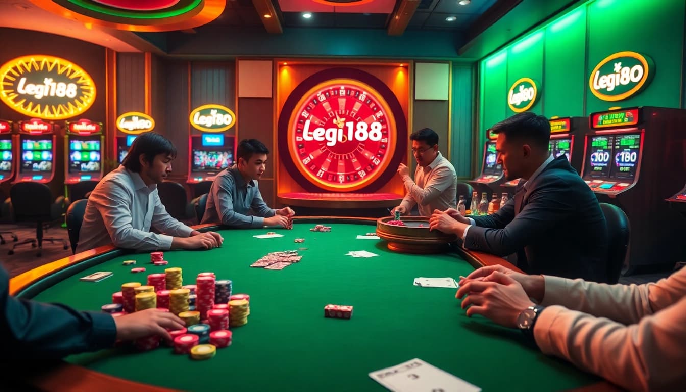 Excited players enjoying a thrilling game at lego138 casino with colorful poker chips and roulette.