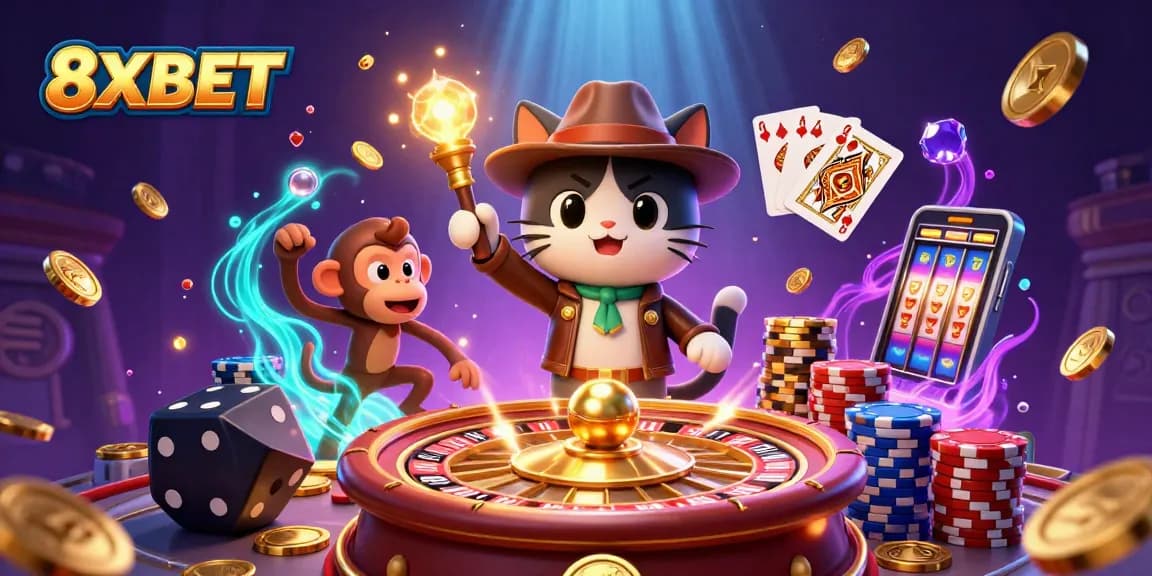 Experience thrilling gameplay with 8XBET's vibrant, action-packed casino adventure scene filled with treasures.