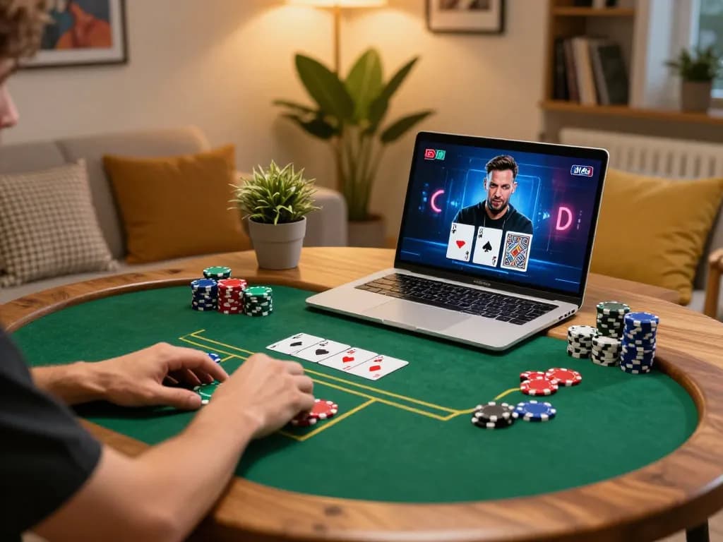 Player engaging in a strategic poker game with TR88 online platform, showcasing vibrant chips and digital cards.