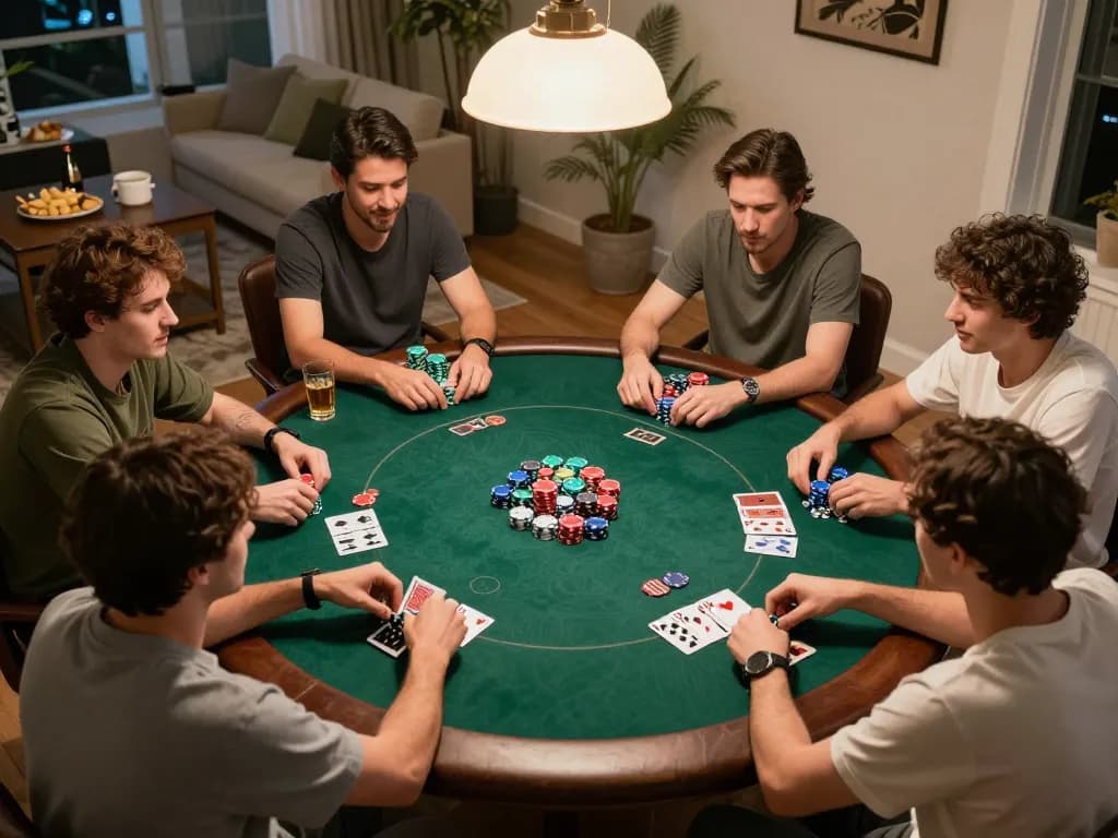 Engaged players enjoy a lively home poker game featuring strategic bets for rwin.