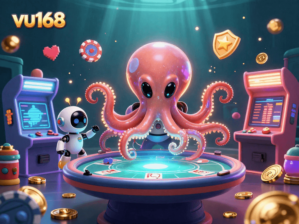 Experience the thrill of vu168’s casino games with an alien octopus and robot in a lively scene.