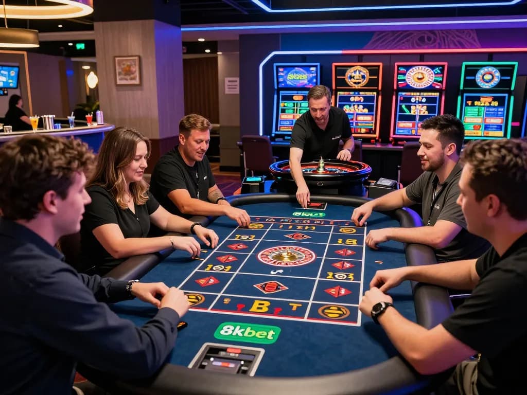 Enthusiastic players enjoying 8kbet online casino games in a vibrant setting.