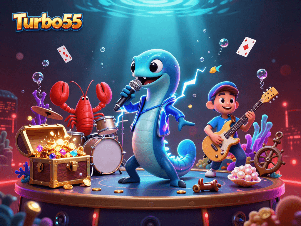 Engage with Turbo55's exhilarating underwater casino experience featuring vibrant characters and treasures.