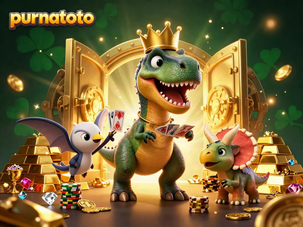 Permainan slot gacor Purnatoto dengan dinosaurus lucu dan chip emas bersinar