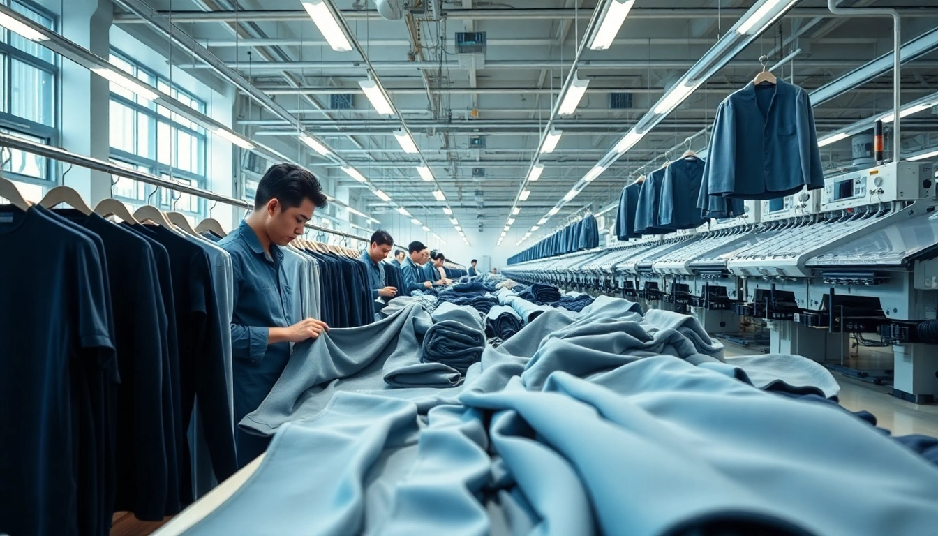 Garment suppliers in China showcasing teamwork in a professional factory environment.