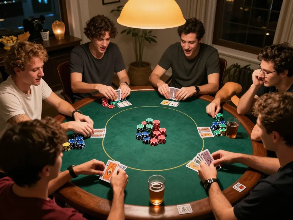 Sahabat yang bersaing dalam permainan poker yang menarik di rumah dengan strategi yang ditampilkan saat mereka bermain jus77.