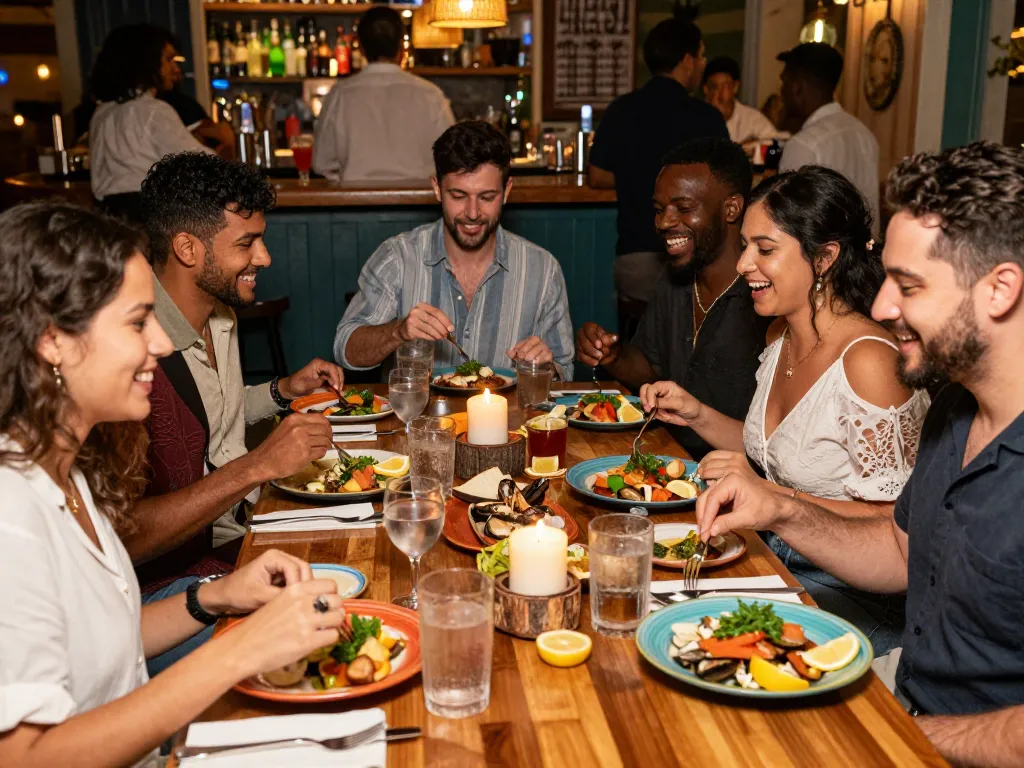 A lively dining experience at https://www.theshackok.com/, showcasing friends enjoying seafood dishes with warm lighting and inviting atmosphere.