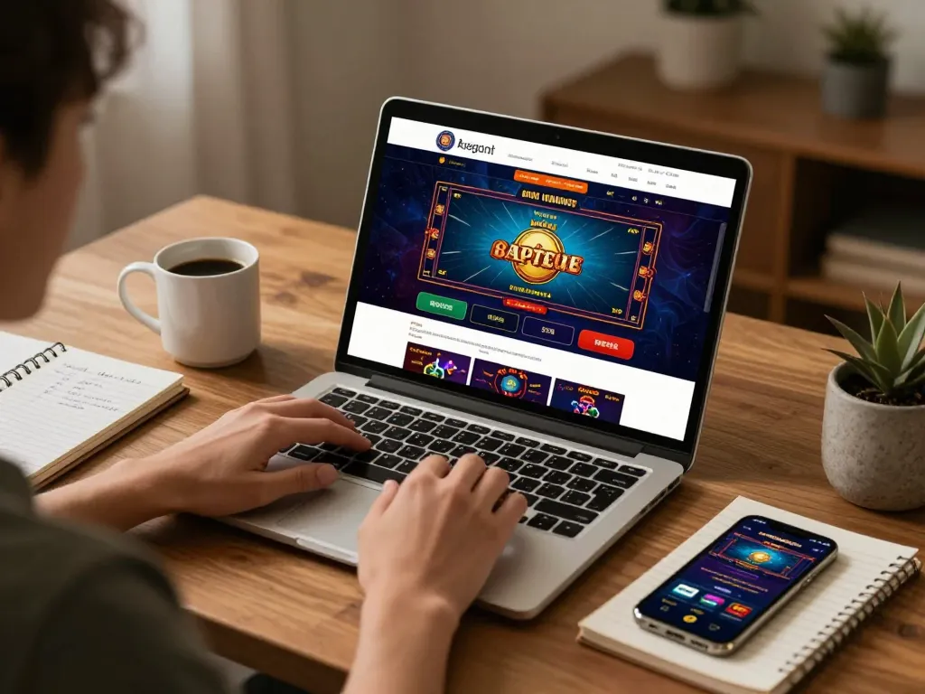 Engaged player enjoying online casino USA games at home with strategic notes and gaming app.