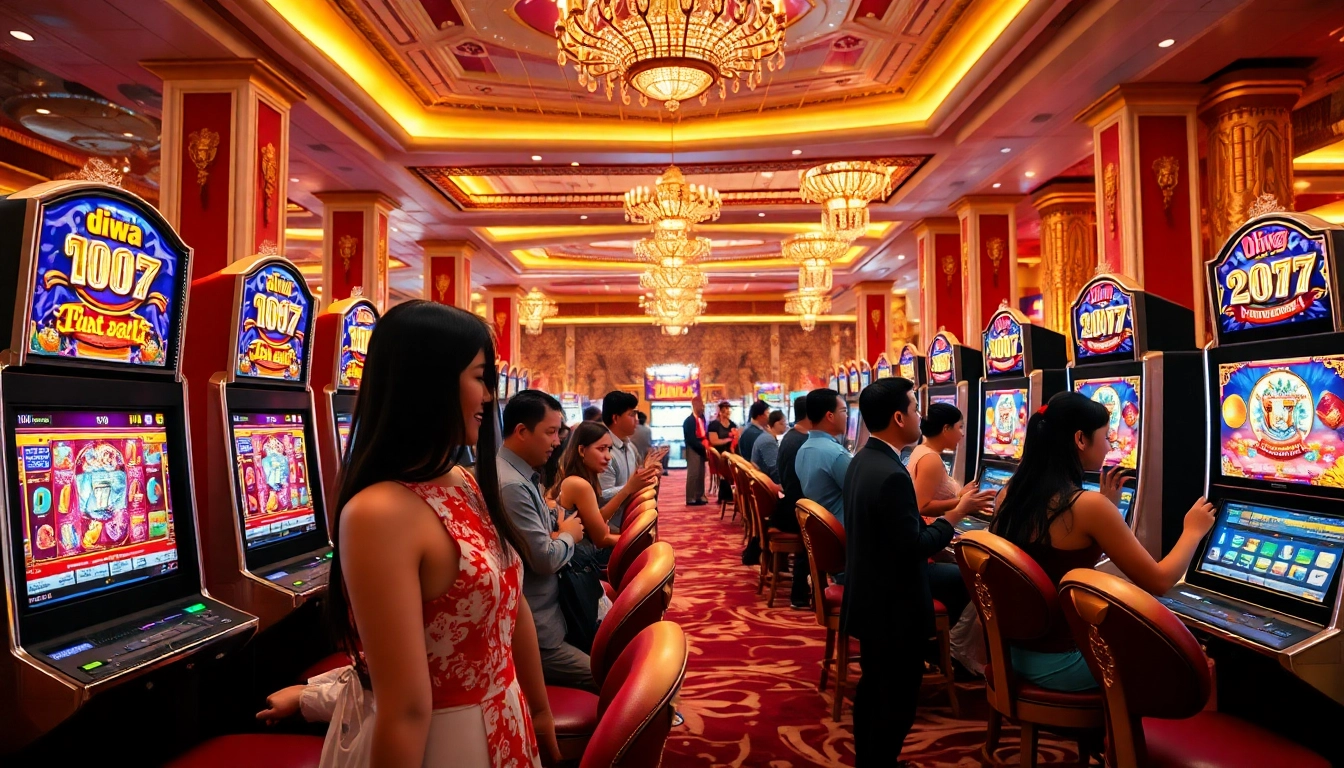 Experience the thrill of Diwa 777 at an elegant casino with lively players and vibrant machines.