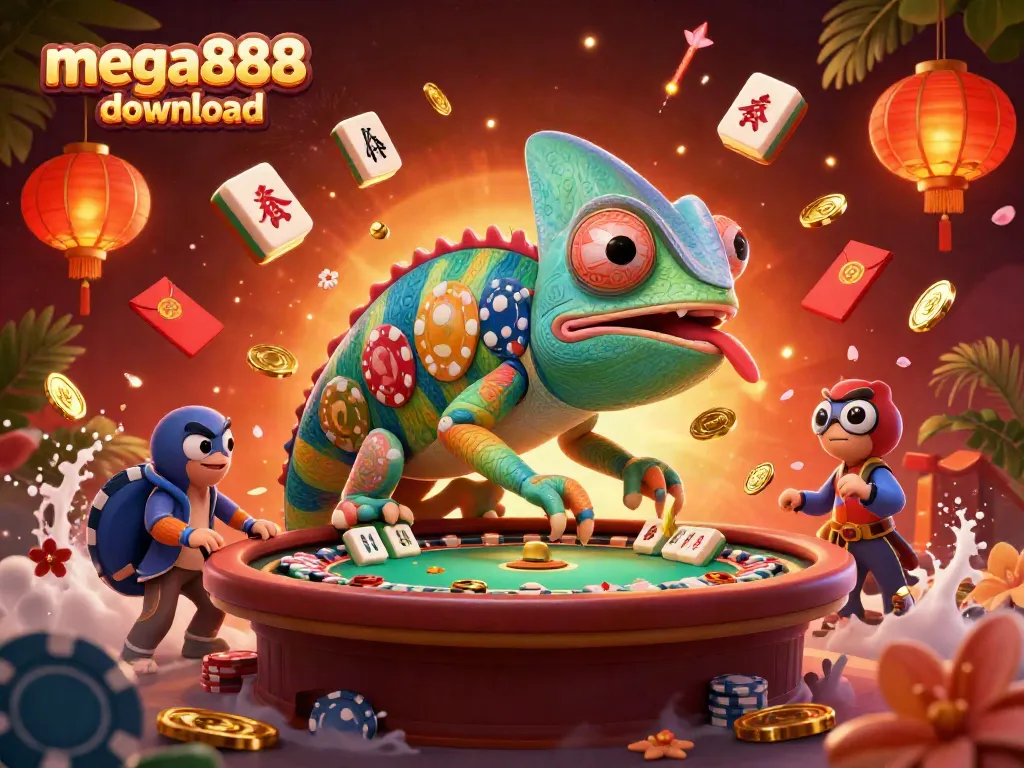 Experience mega888 download excitement with a colorful chameleon casino owner at a lively gaming scene.