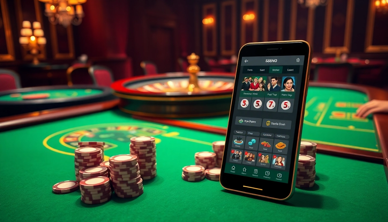 S8 app showcases online gambling excitement with casino tables and vibrant poker chips.