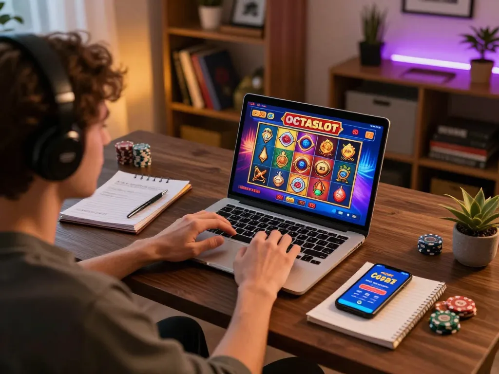 Engaging in a thrilling OCTASLOT game at home with laptop and betting notes.