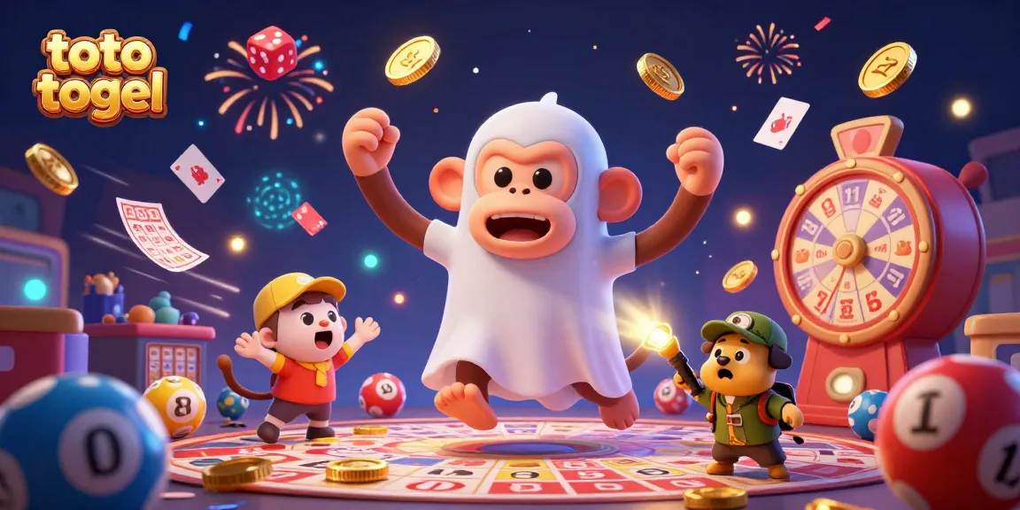 Toto togel interactive bingo scene with a mischievous monkey juggling golden lottery objects, captivating players.