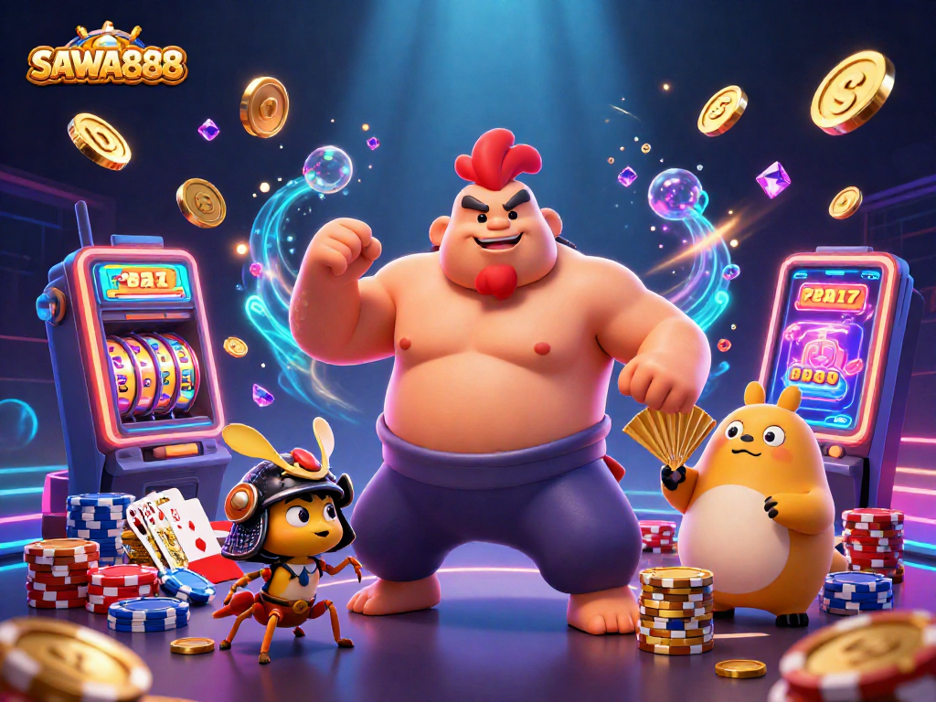 Engage with SAWA888's exciting slots scene featuring characters and dazzling casino elements.