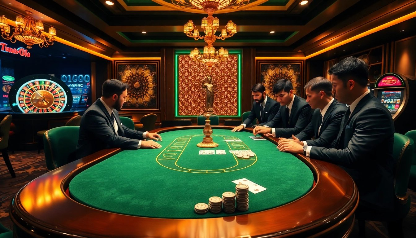 Join the excitement at 789win223.com with professional poker players at an upscale casino table.