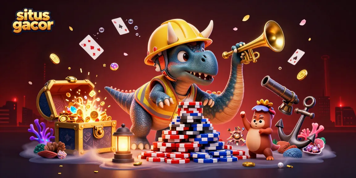Engage with situs gacor as a cartoon triceratops builds a poker chip pyramid in an exciting casino-themed scene.