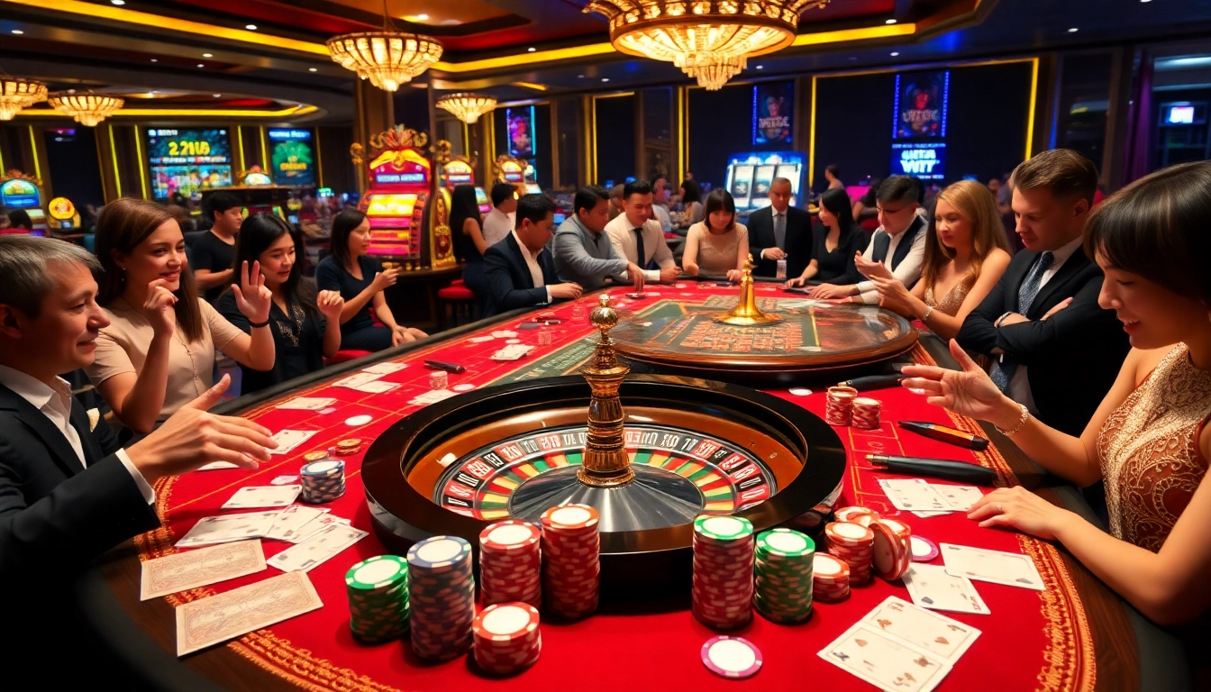 Cucu 777 online gambling interface with vibrant casino tables and players enjoying poker and roulette.