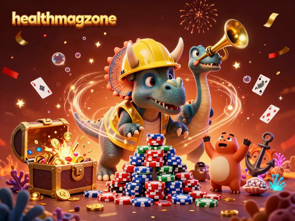 Kemenangan gemilang di healthmagzone saat bermain slot, dengan karakter kartun dinasaurus merayakan kemenangan.