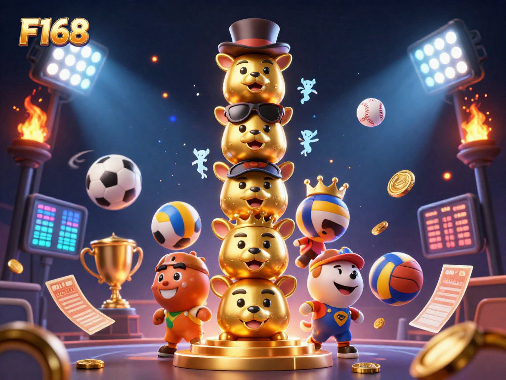 Bet on F168 for a vibrant gaming experience with golden totem and dynamic sports elements.