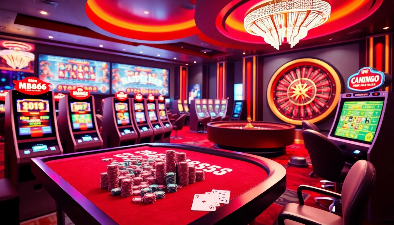 Experienced gamblers engage with the MB66 online casino, featuring vibrant tables and exciting game elements.
