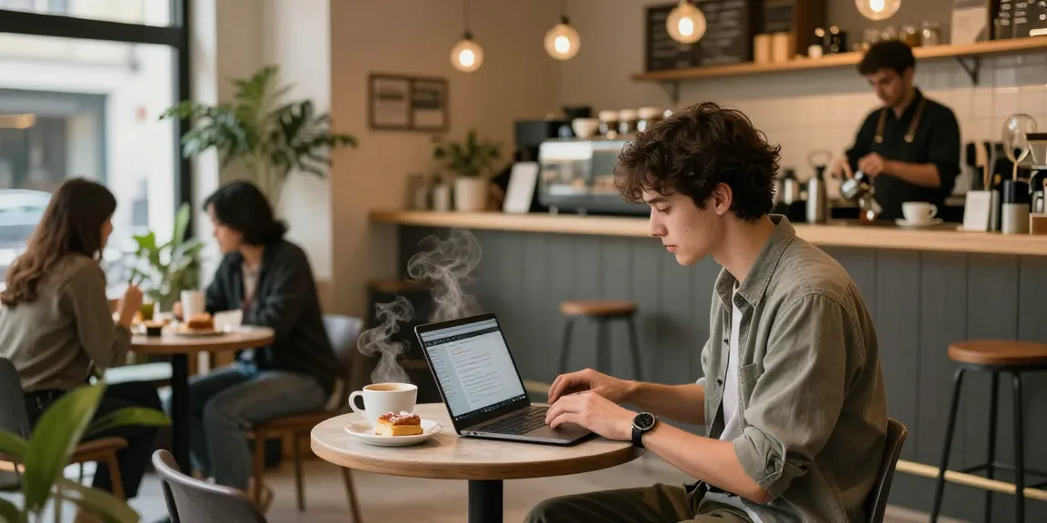 Young adult exploring NSFW content in a cozy urban coffee shop.