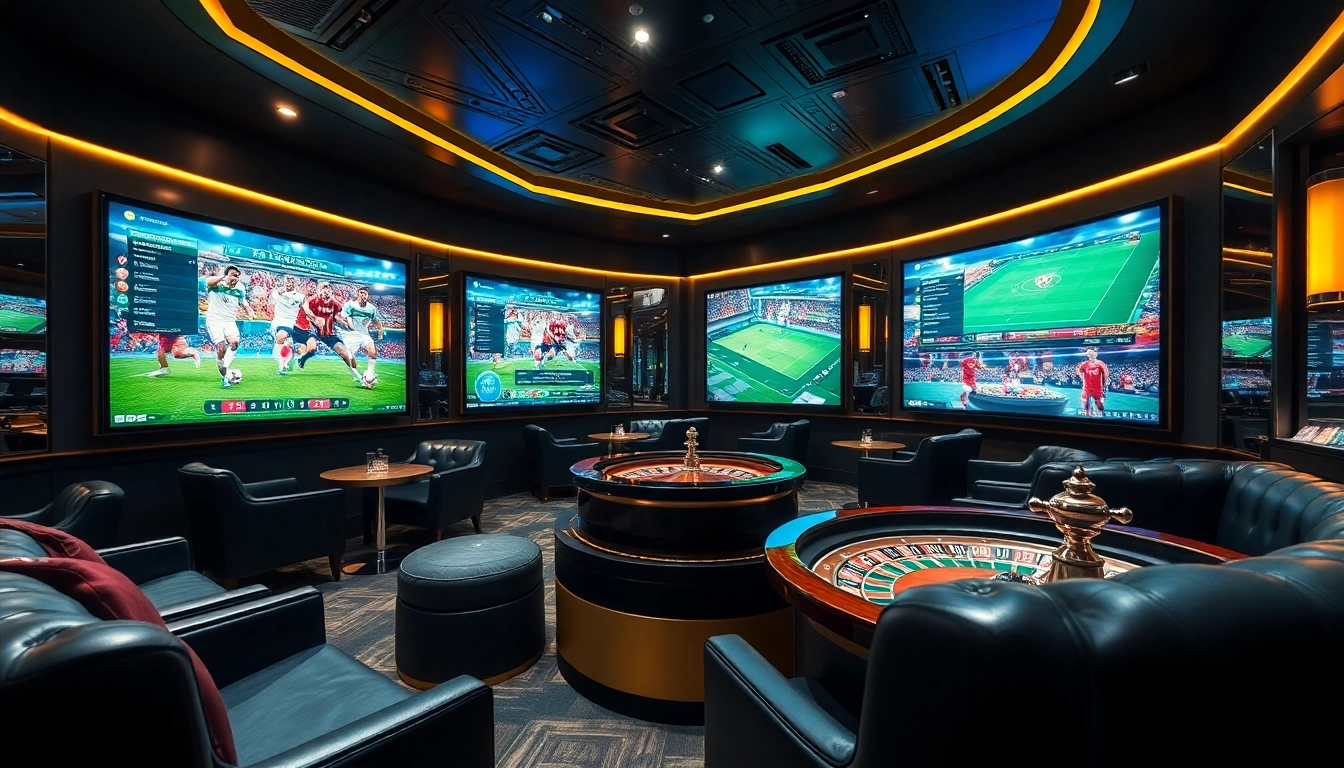 แทงบอล excitement amidst luxury sports betting atmosphere with screens and betting slips.