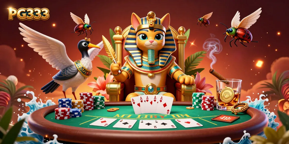 Experience PG333 poker action with a colorful scene featuring an Egyptian pharaoh cat strategy character.