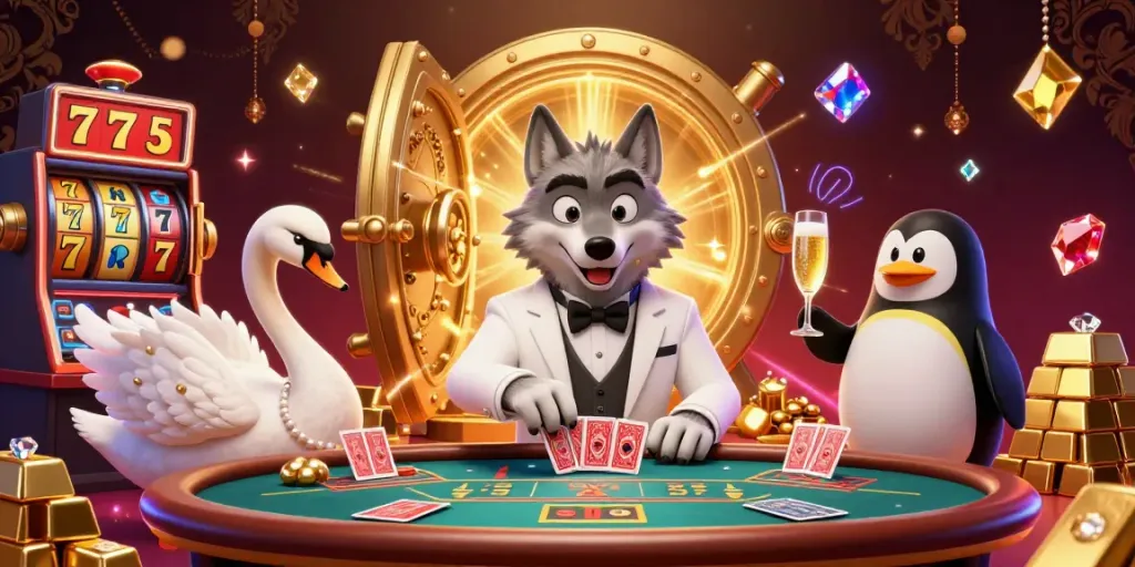 Menghadapi keberuntungan dengan permainan slot di website kasino online, menampilkan serigala, angsa, dan penguin