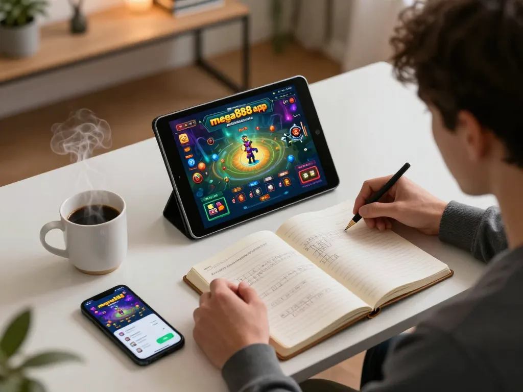 Playing mega888 apk on a tablet in a stylish home office, with strategic notes and coffee nearby.