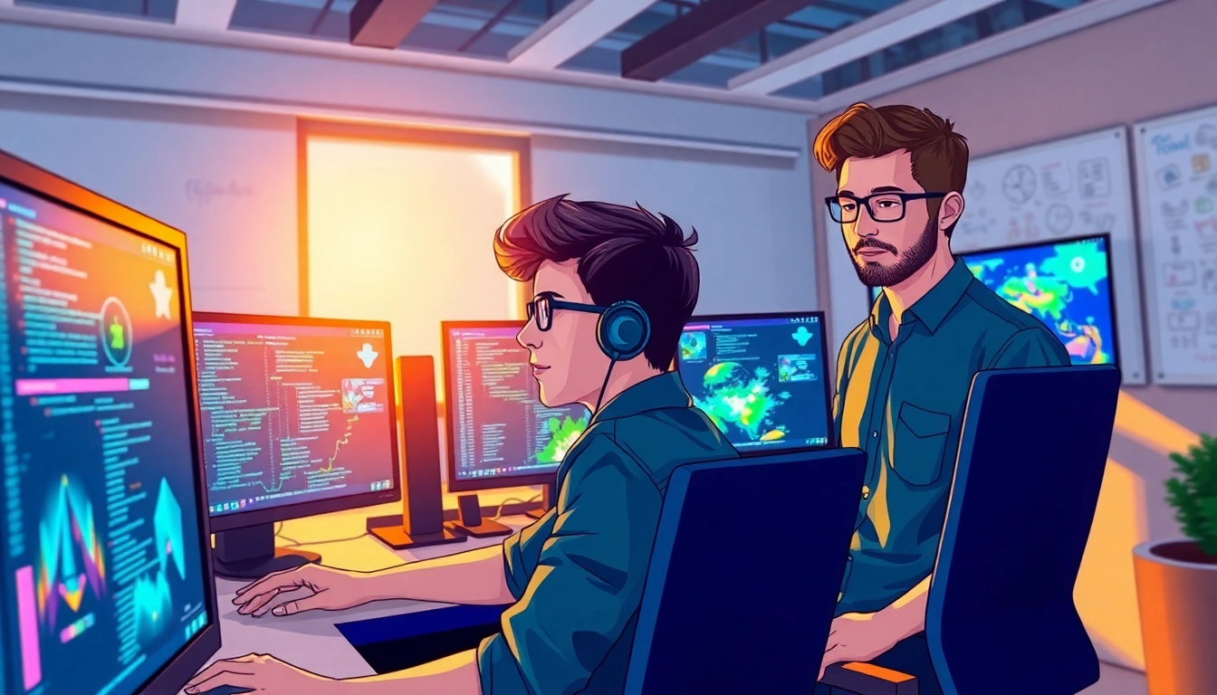 Desenvolvedores de jogos da higame trabalhando em um escritório moderno com várias telas.