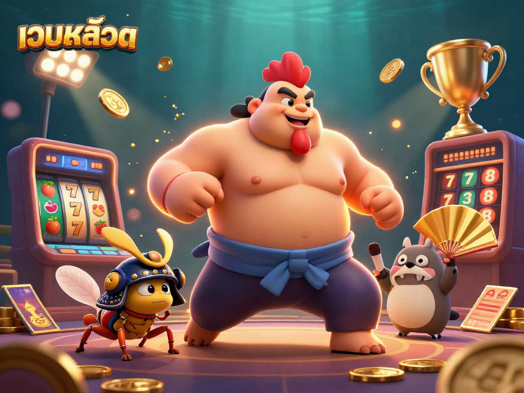 Engage in thrilling เว็บสล็อต action with an intense sumo rooster, samurai cricket, and casino elements.