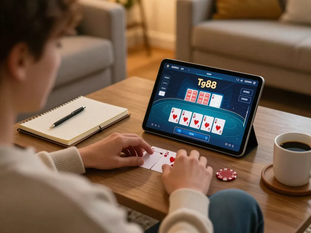 The player engages in online poker at tg88, showcasing strategic movements in a cozy setting.