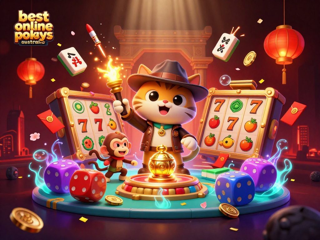 Playing the best online pokies Australia with an archaeologist cat and monkey, exploring casino treasures.