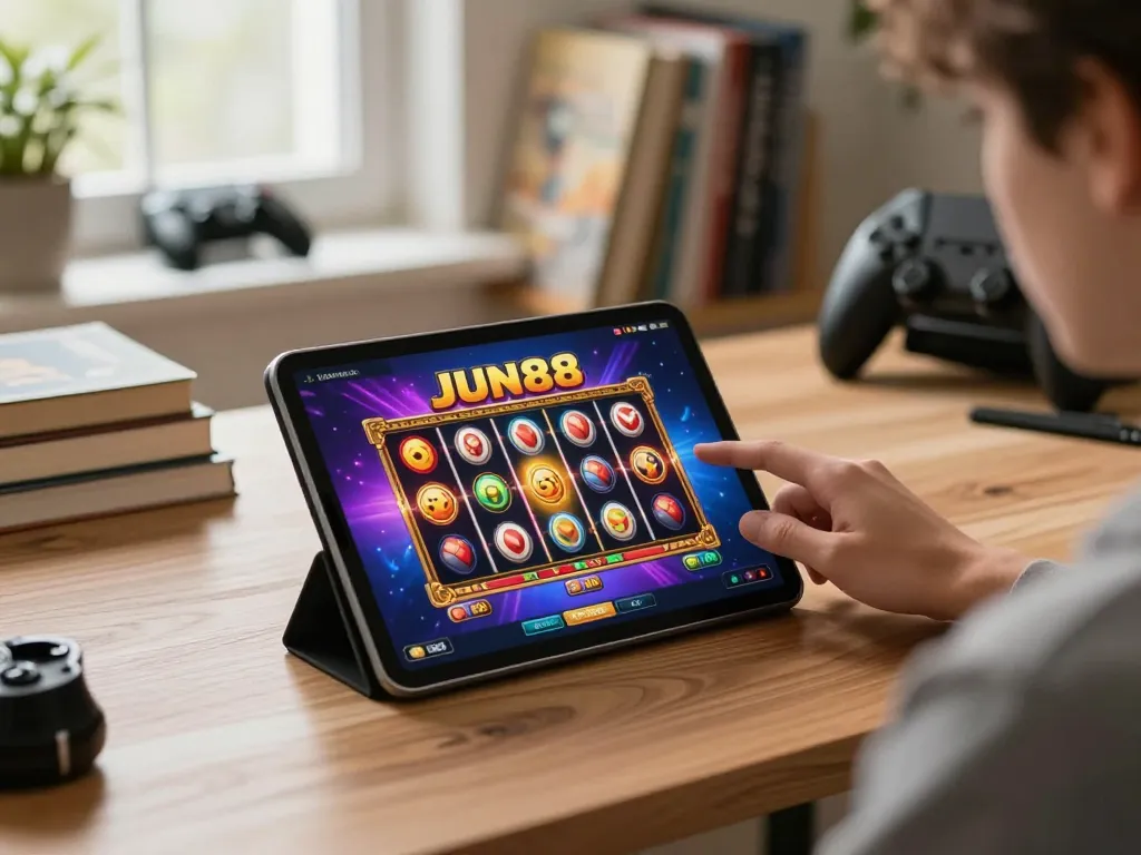 Player exploring JUN88 slot games on a tablet in a cozy home office, showcasing modern online gambling