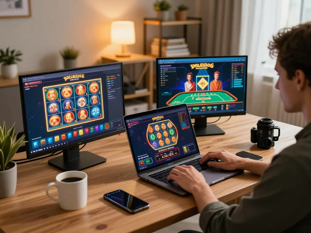 Playing exciting Go99 games on laptop in a stylish home office, showcasing dynamic online casino experience