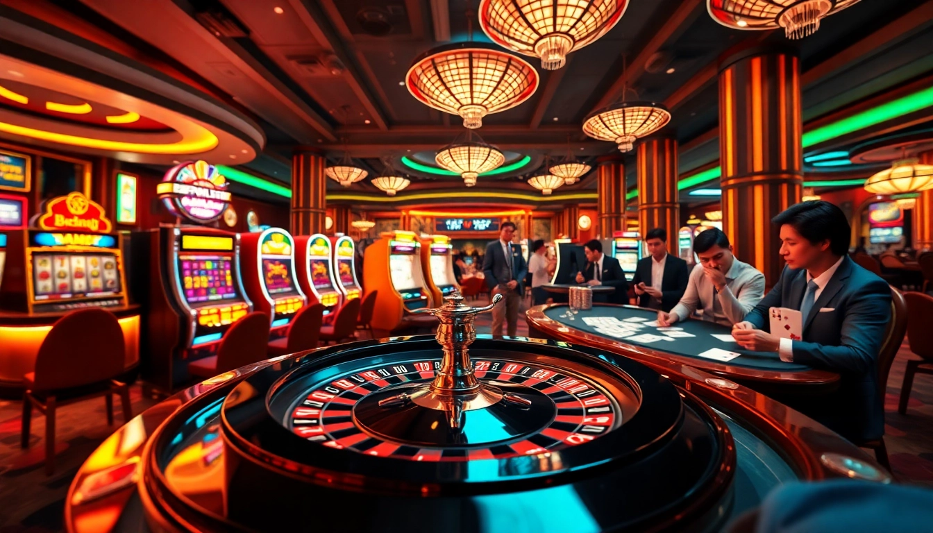 The excitement of gambling at rr88 com with vibrant slot machines and a roulette table.