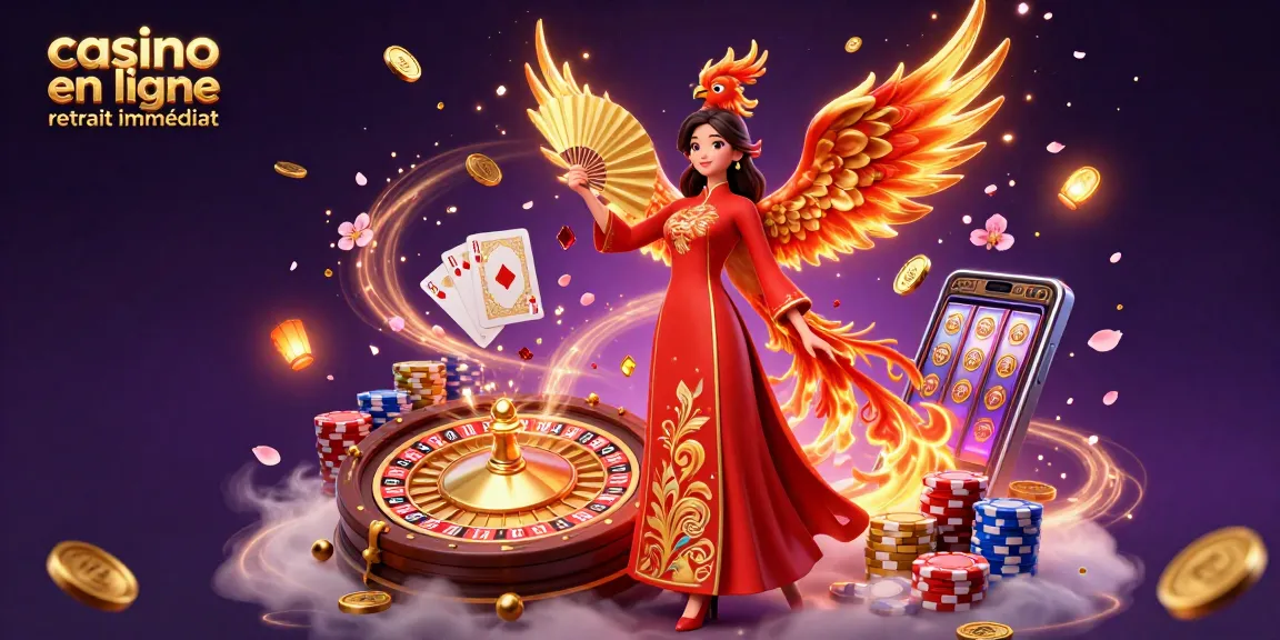 Tentez votre chance à casino en ligne retrait immédiat avec des visuels captivants d'une illustration 3D mettant en scène une femme vietnamienne traditionnelle et un phénix.